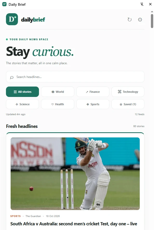 Daily Brief Chrome side panel showing headlines, categories, and news images